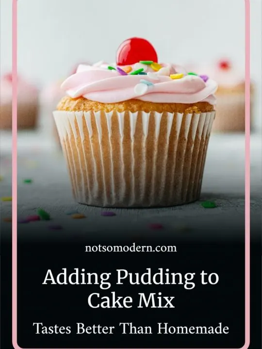 decorated vanilla cupcake with pink icing, cherry, and sprinkles - adding pudding to cake mix to make it taste better than homemade