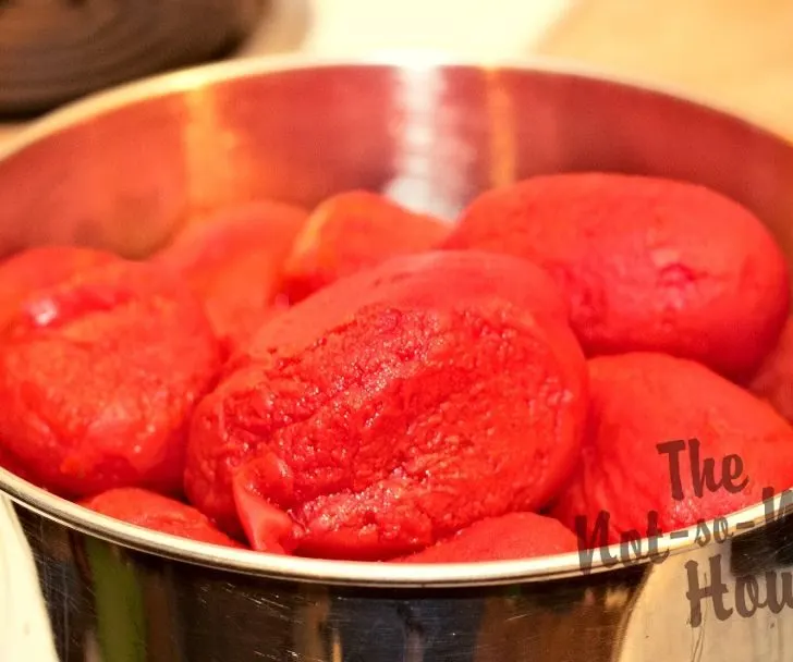 pealed tomatoes in a stainless steel bowl to be prepared for homemade salsa recipe