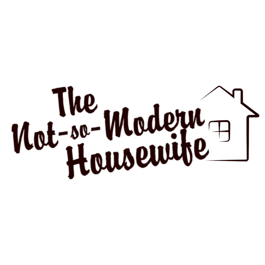 Logo for 'The Not-so-Modern Housewife' featuring a playful handwritten-style font with the text slanted slightly upward. To the right, there is a simple outline of a house with a single window, symbolizing the brand's focus on homemaking and simplicity.